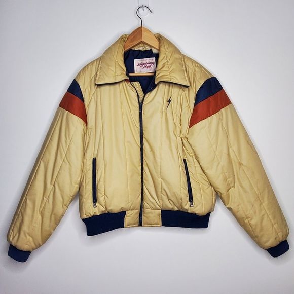 Vintage Other - Vintage 80s Lightning Bolt Beige Blue Red Puffer Bomber Collared Coat Size L
